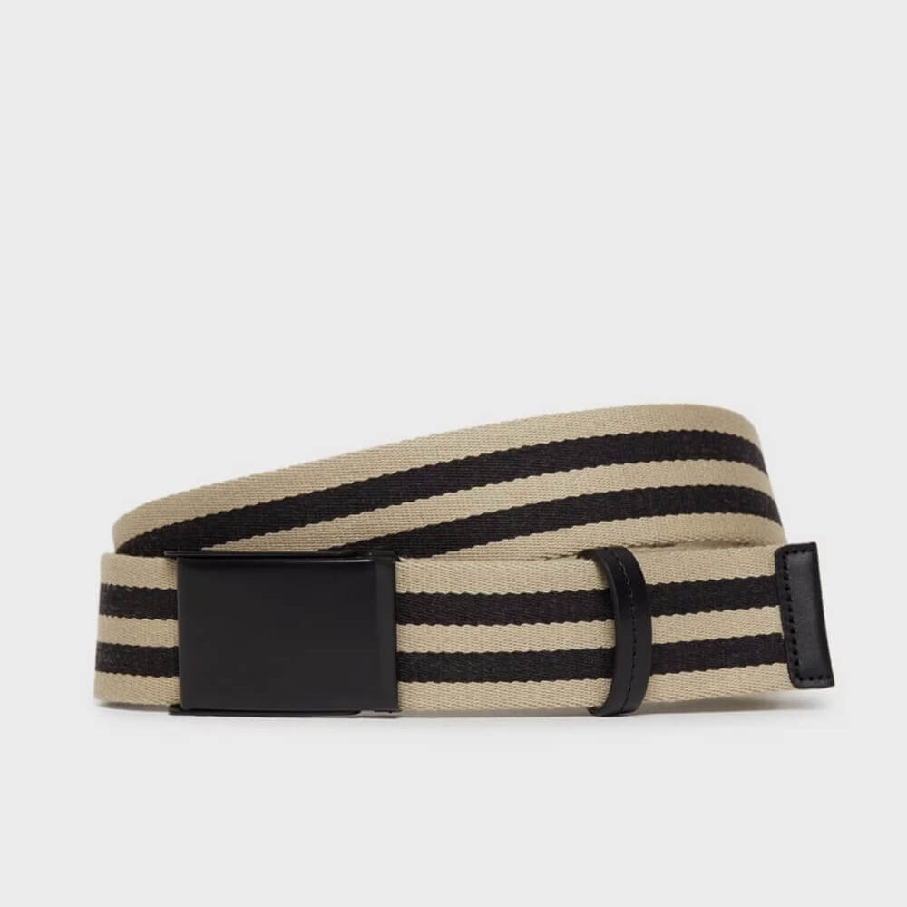 Men’s Woven Belt – Beige with Black Stripe