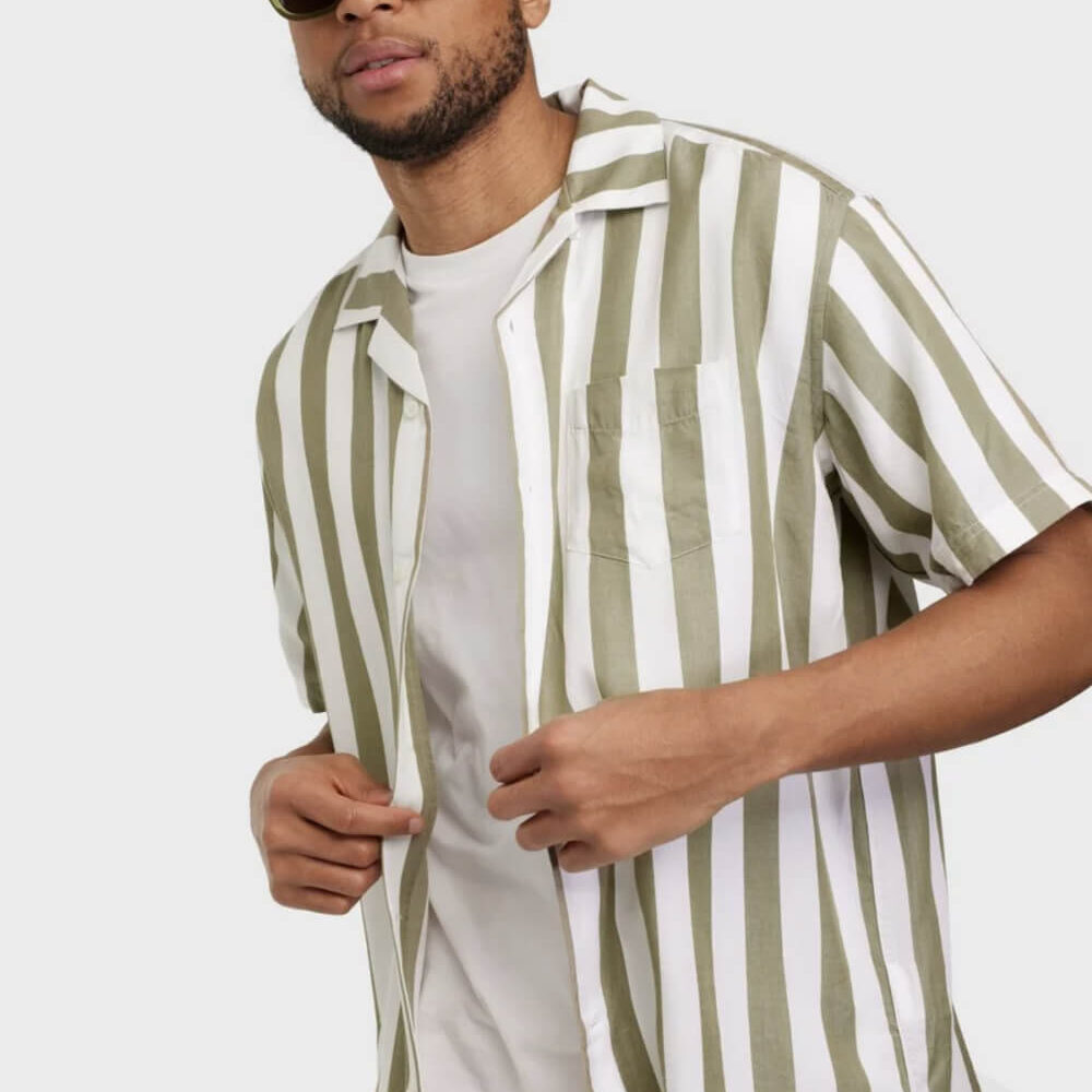 Men’s Short Sleeve Striped Shirt – Olive & White