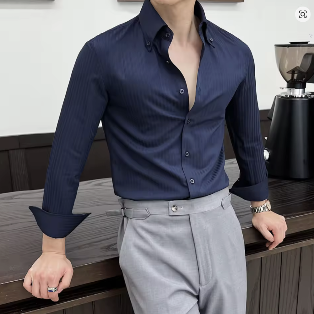 Long-sleeve dark striped slim-fit shirt business casual